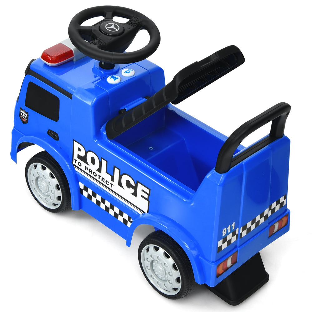 Blue Mercedes Benz kids ride-on police car with steering wheel, storage space, and safety features for toddlers.