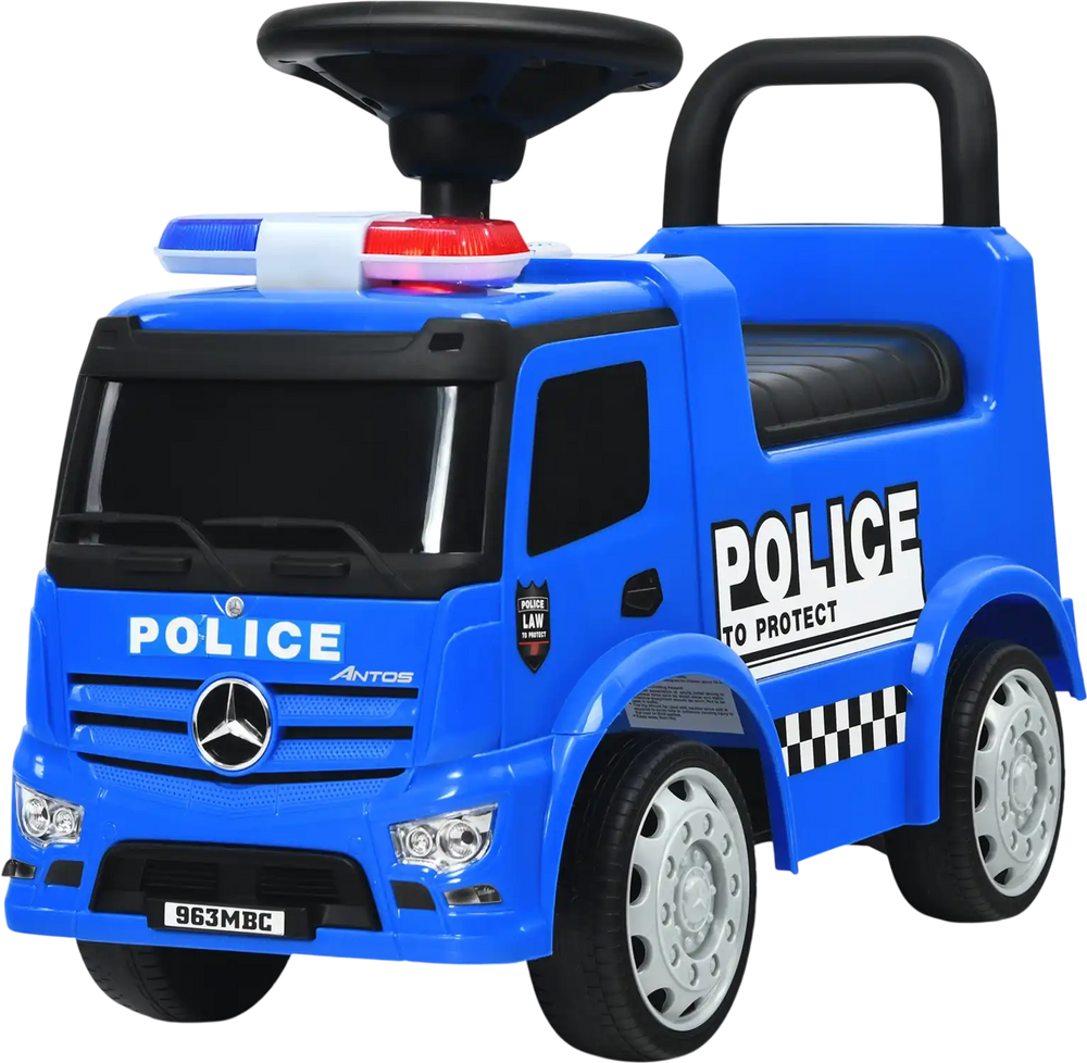 Blue Mercedes Benz kids ride-on push police car with steering wheel, warning lights, and hidden storage for toddlers.