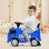 Blue Mercedes Benz police car ride-on toy for toddlers, featuring a wide seat, durable wheels, and hidden storage space.