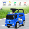 Blue Mercedes Benz kids ride-on push police car with steering wheel, sturdy structure, and hidden storage for toddlers.