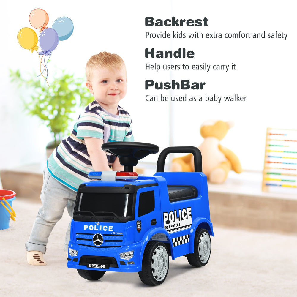 Blue Mercedes Benz kids ride-on push police car with backrest, handle, and storage space for toddlers aged 12-36 months.