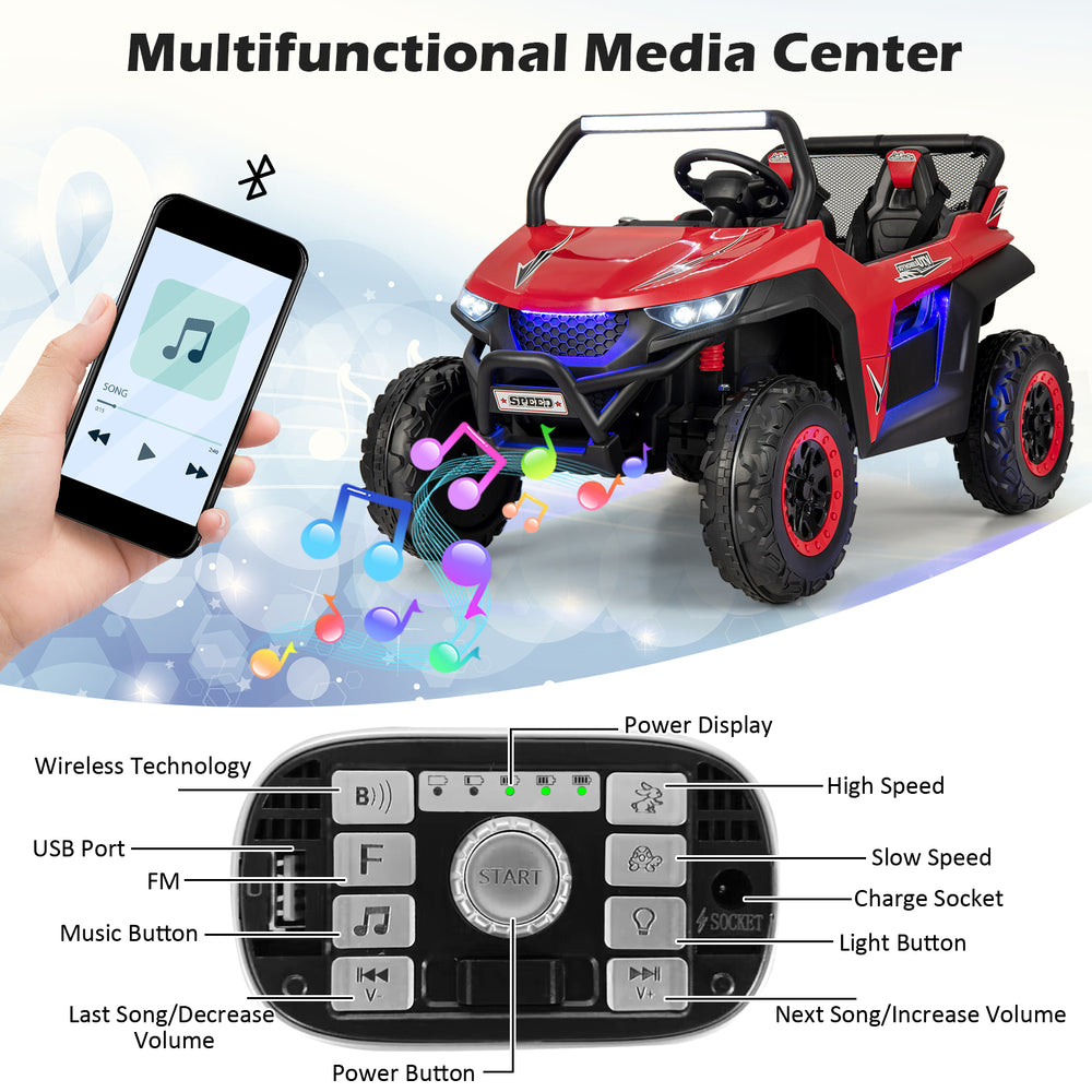 Red 12V kids UTV with two seats, music center, and safety features for fun outdoor rides.
