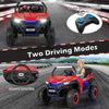 Red 12V 2-seater kids UTV with remote control, featuring adjustable speeds, safety belts, and built-in music for fun.