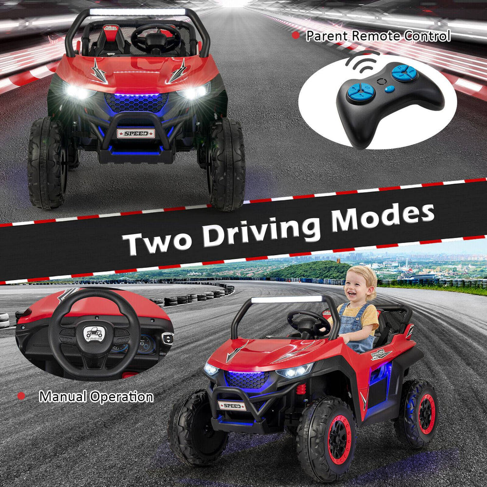 Red 12V 2-seater kids UTV with remote control, featuring adjustable speeds, safety belts, and built-in music for fun.