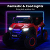 Red 12V kids ride-on UTV with bright headlights, cool ambiance lights, and two seats for ages 3-8, perfect for outdoor.