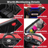 Detail of the 12V kids ride-on UTV showing the flexible steering wheel, lockable door, and storage net bag for toys.