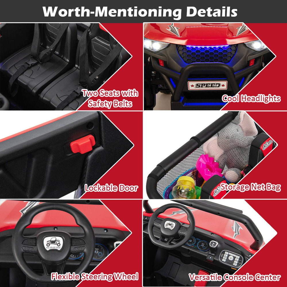 Detail of the 12V kids ride-on UTV showing the flexible steering wheel, lockable door, and storage net bag for toys.