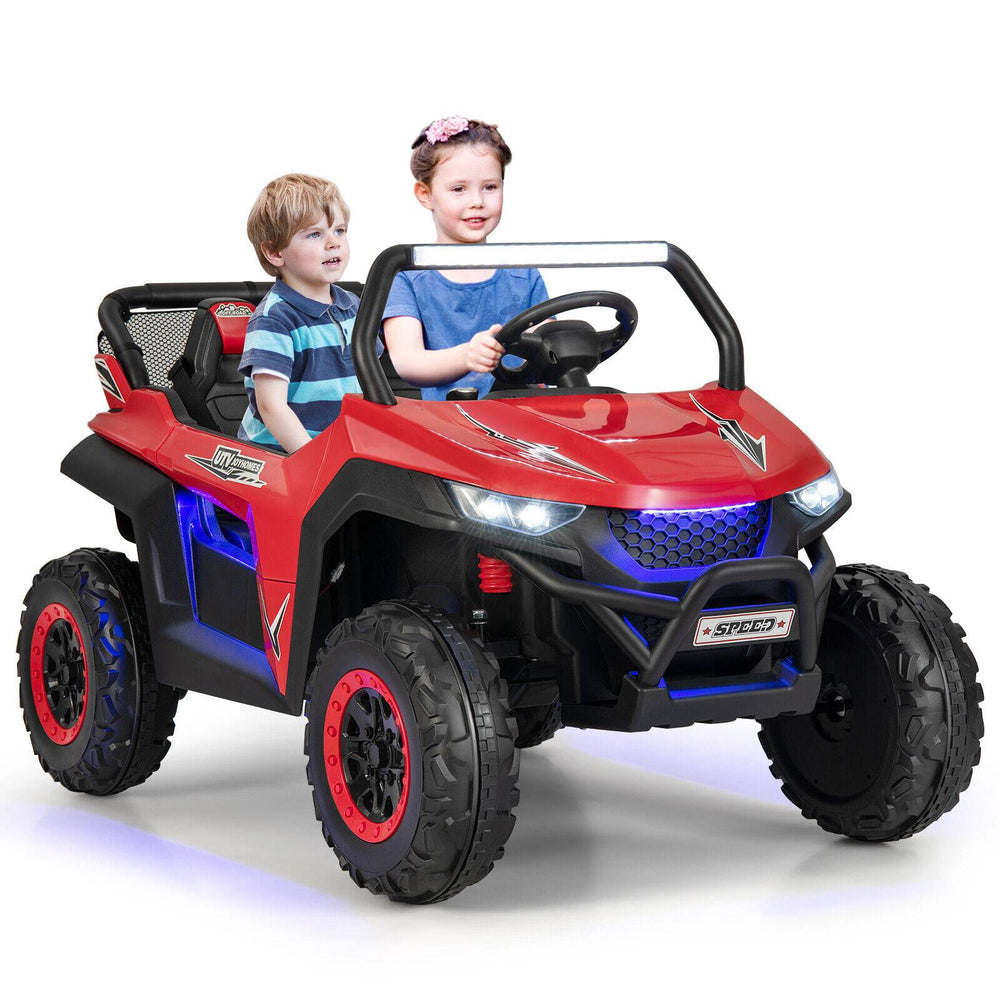 Red 12V kids ride-on UTV with two seats, safety belts, and bright headlights, perfect for outdoor fun for ages 3-8.