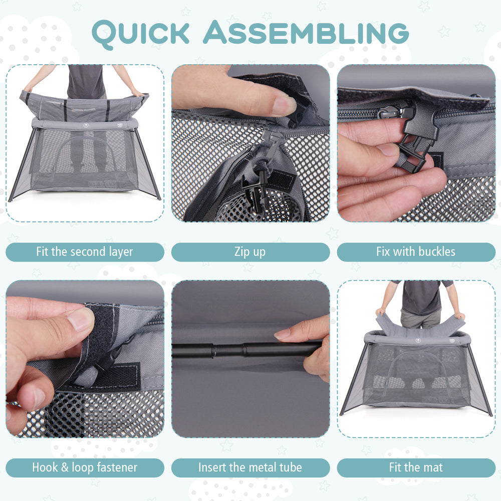 Quick assembling steps for the 2-in-1 Portable Baby Playpen with safety enclosure and padded mattress in dark gray.