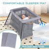 Portable baby playpen in dark gray with padded mattress, safety mesh enclosure, and dust-proof cover for easy cleaning.