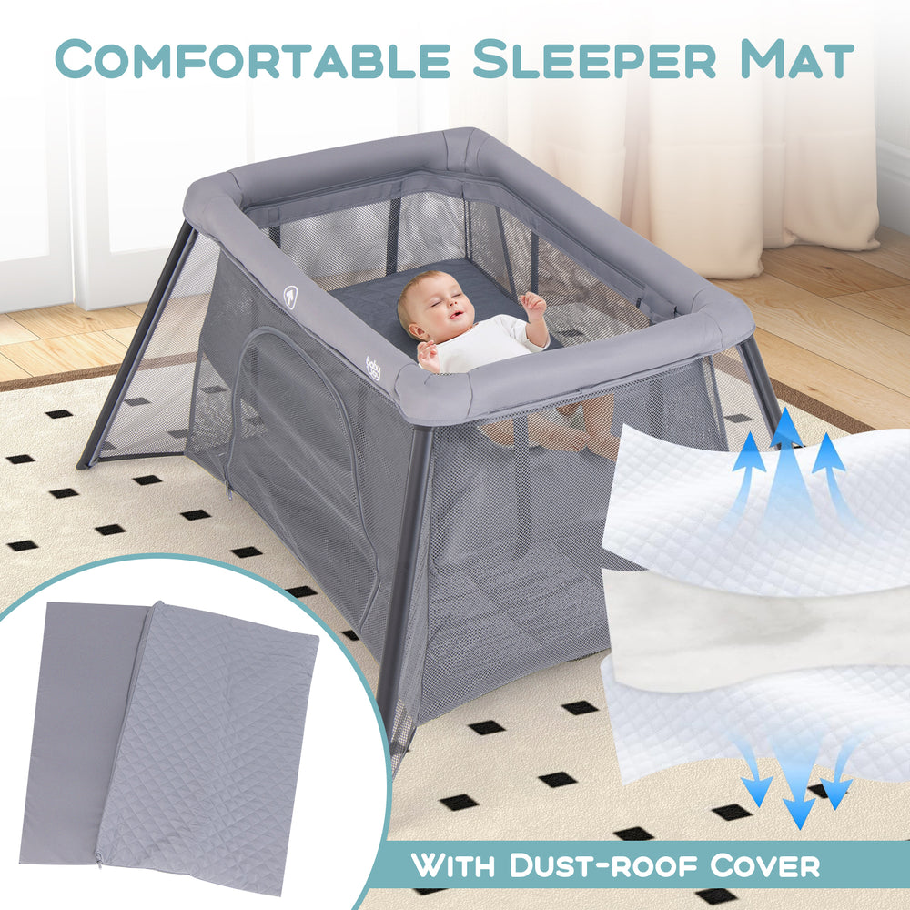 Portable baby playpen in dark gray with padded mattress, safety mesh enclosure, and dust-proof cover for easy cleaning.
