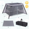 Portable baby playpen in dark gray with safety enclosure, padded mattress, and compact carrying bag for easy transport.