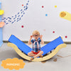 Kids wooden arch triangle rocker climber set with blue mat, promoting balance and imagination for indoor play.