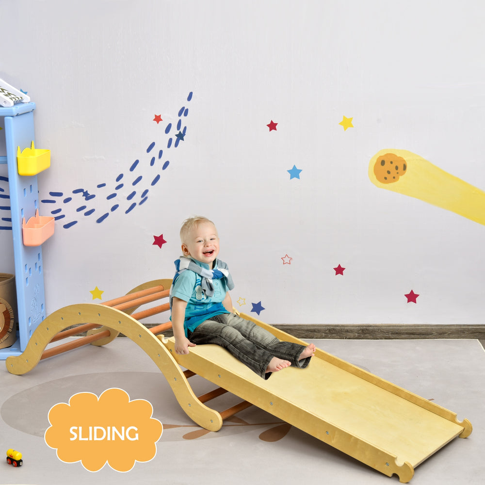 Kids enjoy sliding on the 3-in-1 wooden climber set with ramp, promoting balance and imagination during playtime.