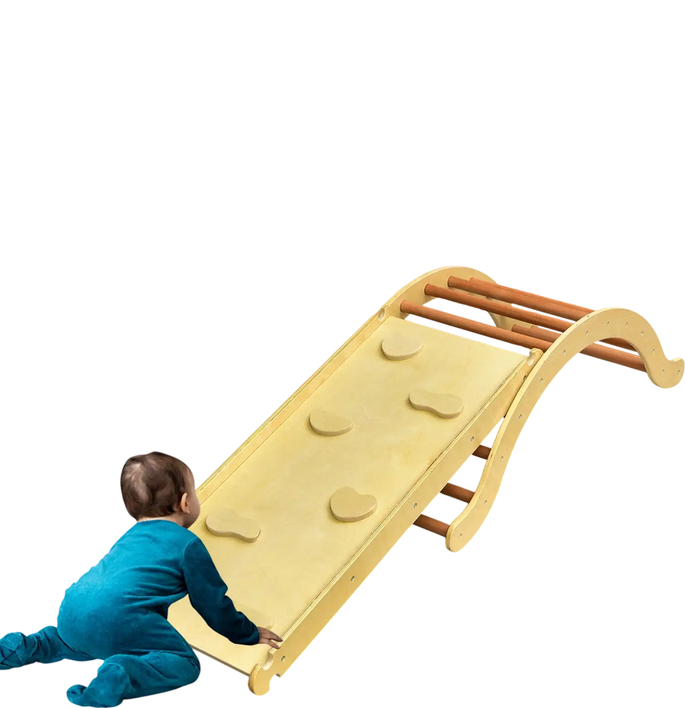 Kids wooden climbing arch with ramp and blue mat, promoting balance and imagination for children over 1 year old.