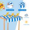 Kids wooden sandbox with striped canopy, featuring waterproof thick Oxford fabric for sun and drizzle protection.