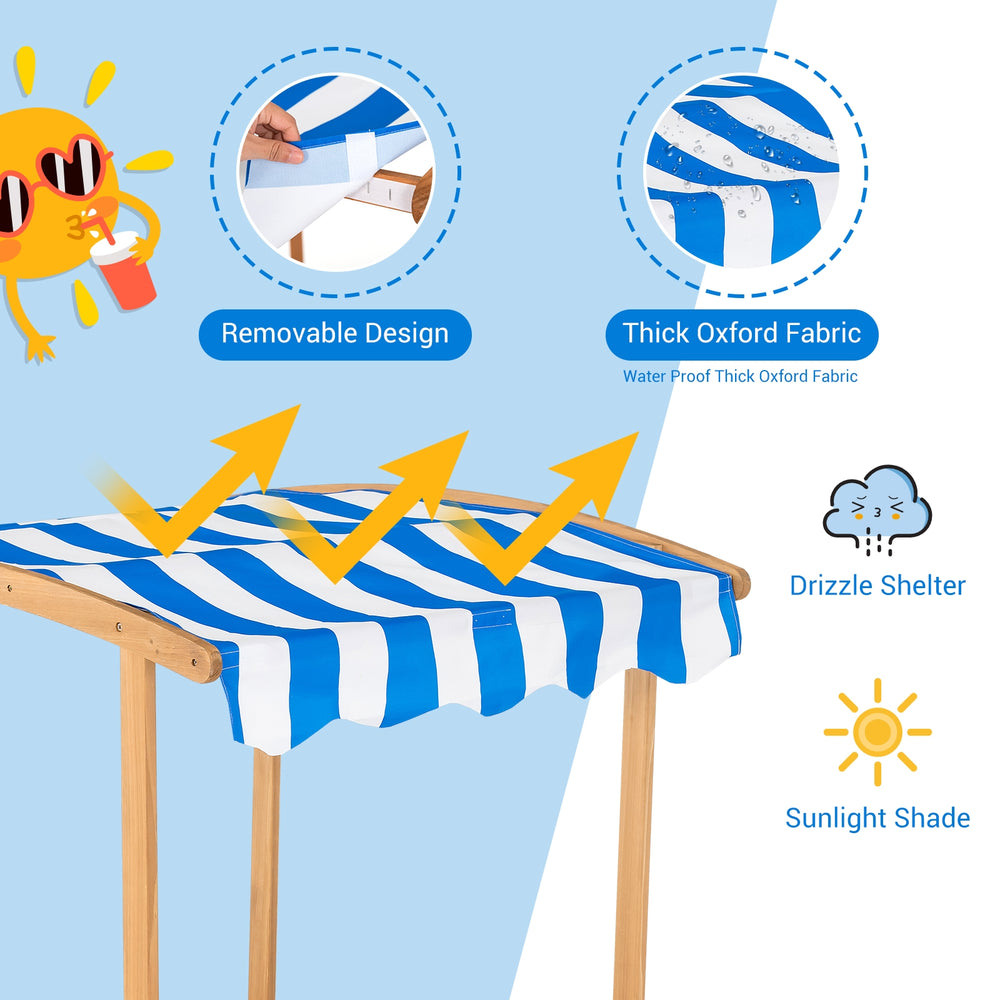 Kids wooden sandbox with striped canopy, featuring waterproof thick Oxford fabric for sun and drizzle protection.