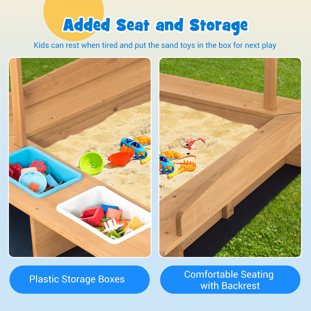 Kids wooden sandbox featuring comfortable seating with backrest and plastic storage boxes for toys and sand play.