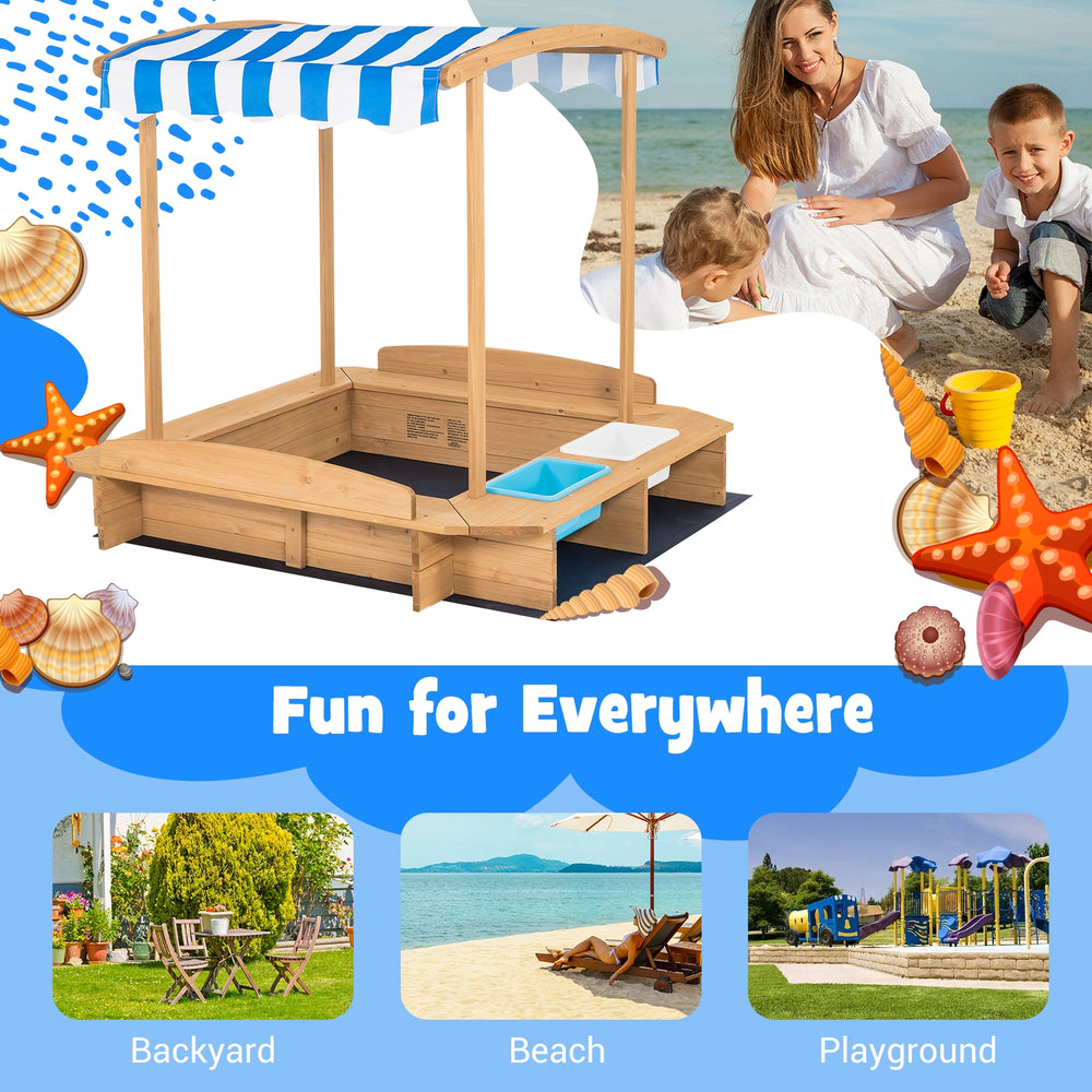 Kids wooden sandbox with striped canopy, made of solid cedar wood, perfect for backyard or beach play.