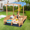 Kids wooden sandbox with striped canopy, featuring solid cedar wood, seating, and plastic bins for sand and water play.