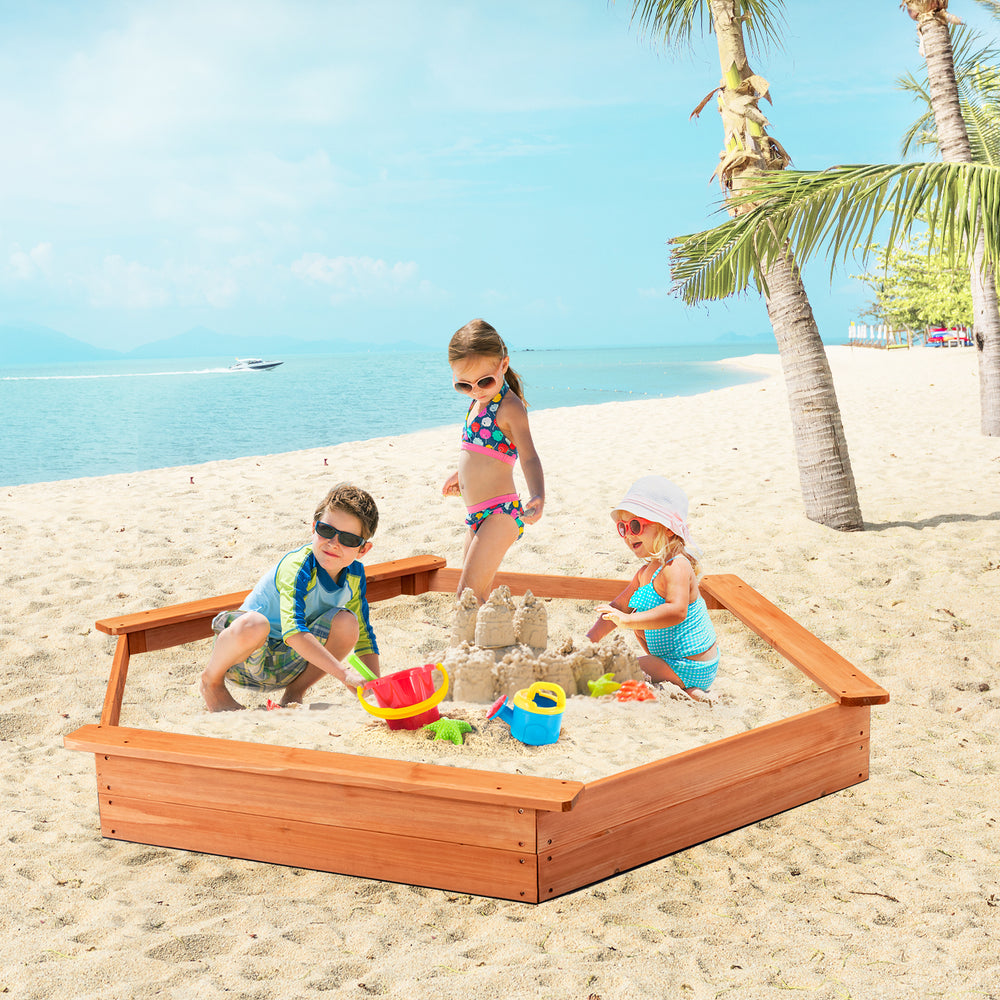 Hexagon wooden cedar sand box with seat boards, perfect for outdoor play, accommodating 4-6 kids for fun.