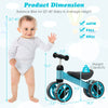 Baby balance bike in blue with 4 wheels, steel frame, and soft seat, designed for toddlers aged 1-2 years.