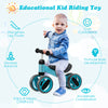 Baby balance bike in blue with 4 wheels, sturdy steel frame, and soft seat for toddlers, promoting balance and safety.