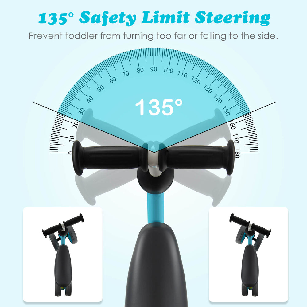 Close-up of the 135° safety limit steering on the blue 4 wheels baby balance bike, ensuring stability for toddlers.