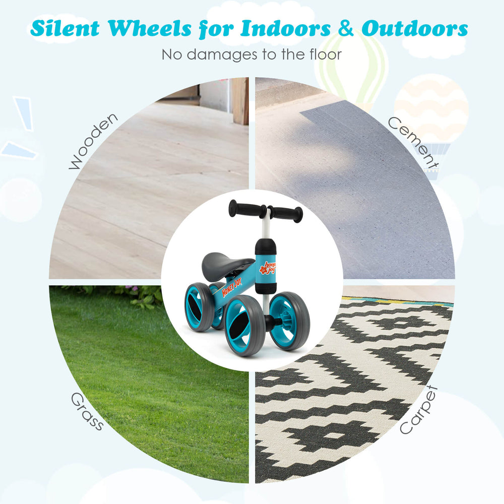 4 wheels baby balance bike in blue with noiseless wheels, suitable for indoor and outdoor surfaces, ensuring safety and.