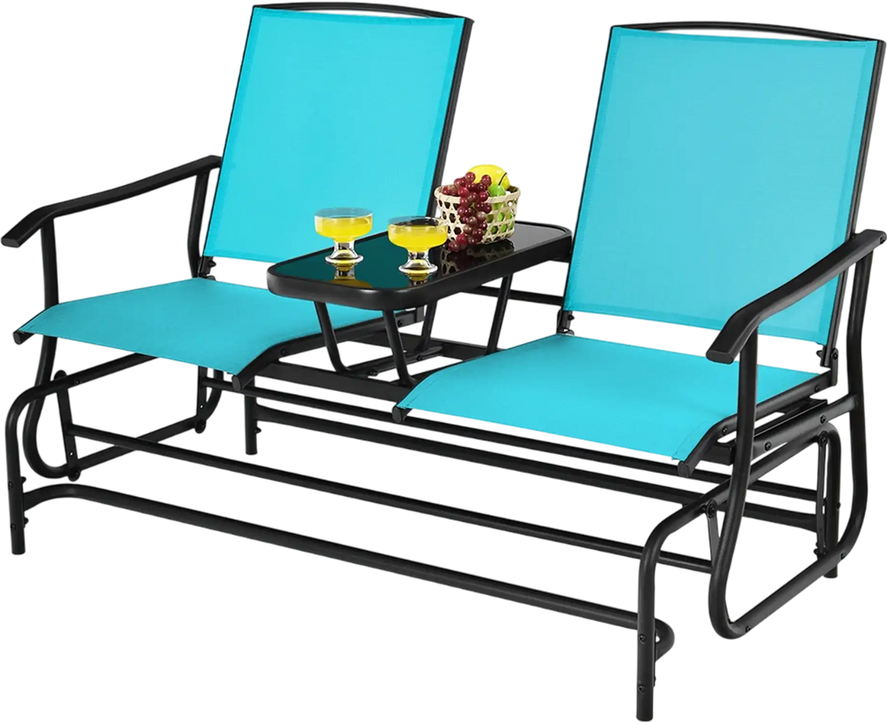 Double rocking loveseat in turquoise with tempered glass table, ergonomic armrests, perfect for outdoor relaxation.