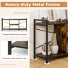 Heavy-duty metal frame TV stand with rustic brown finish, featuring three open shelves and anti-falling guardrails for.