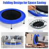 38-inch blue mini folding trampoline with protective cover and sturdy steel legs, ideal for portable fitness and.