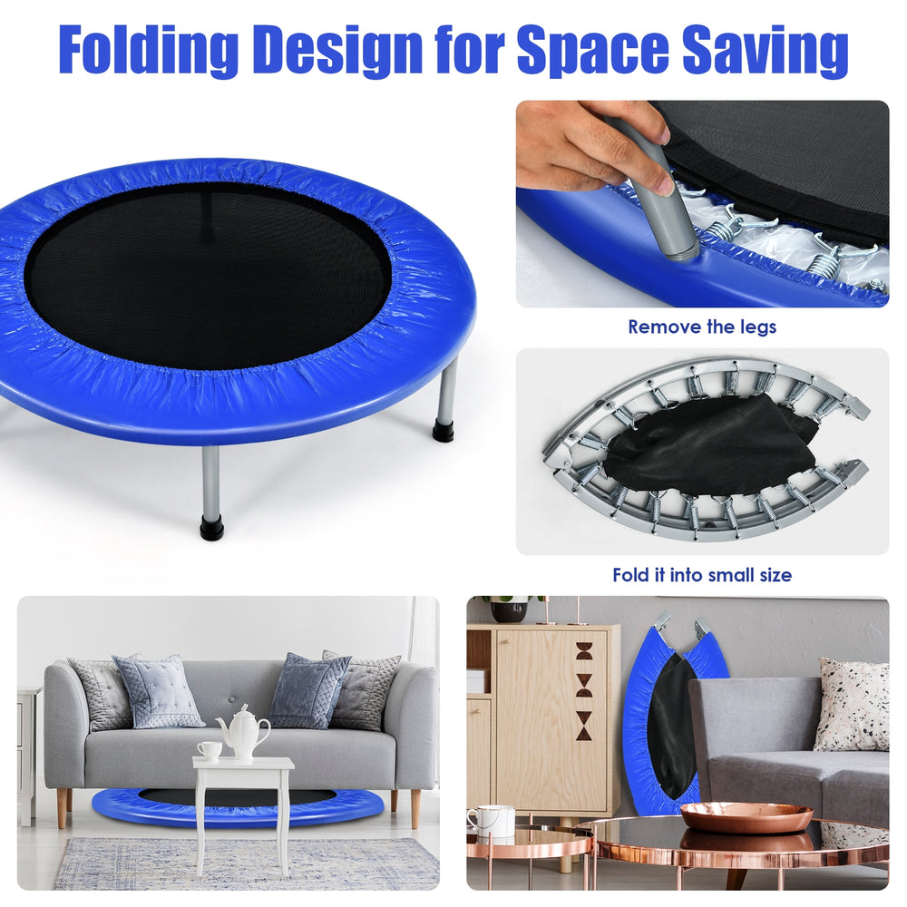 38-inch blue mini folding trampoline with protective cover and sturdy steel legs, ideal for portable fitness and.