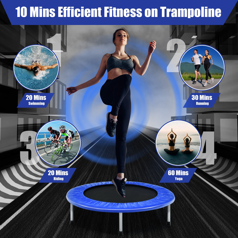 38-inch blue mini folding trampoline with protective cover and sturdy steel legs, ideal for portable fitness workouts.