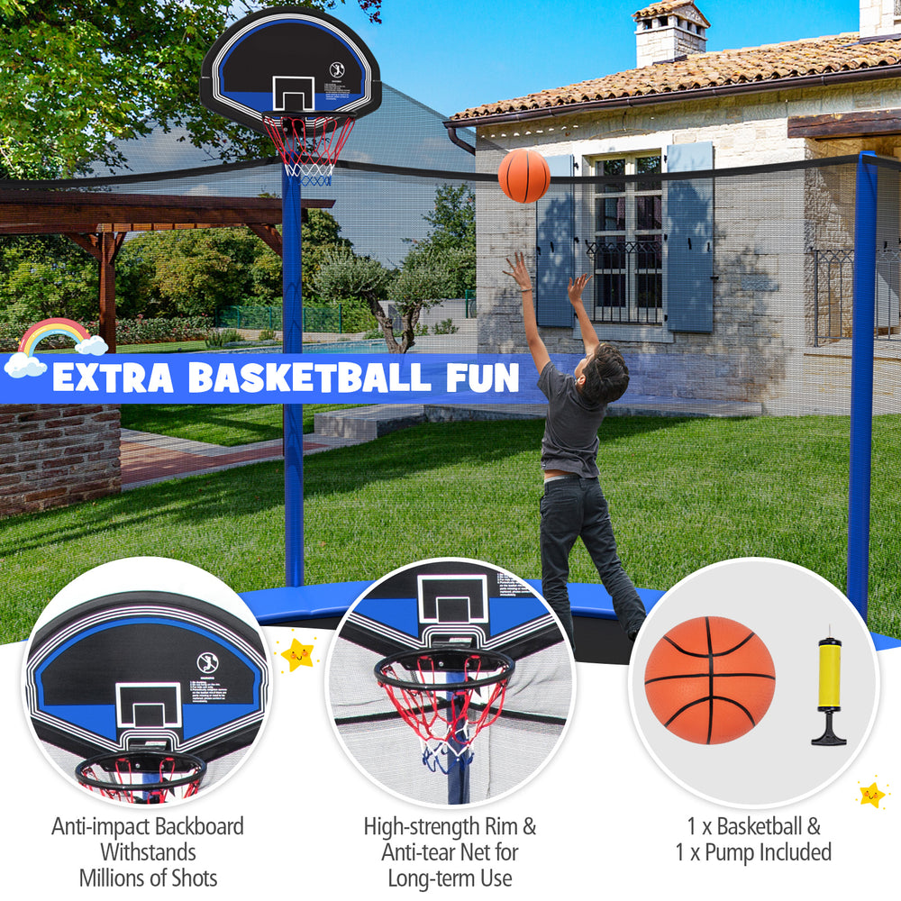 Trampoline with basketball hoop, includes basketball and pump, designed for outdoor recreational fun and safety.