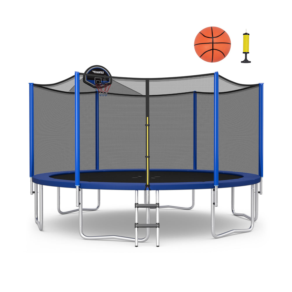 12-foot outdoor trampoline with enclosure net, basketball hoop, and ladder for safe recreational fun.