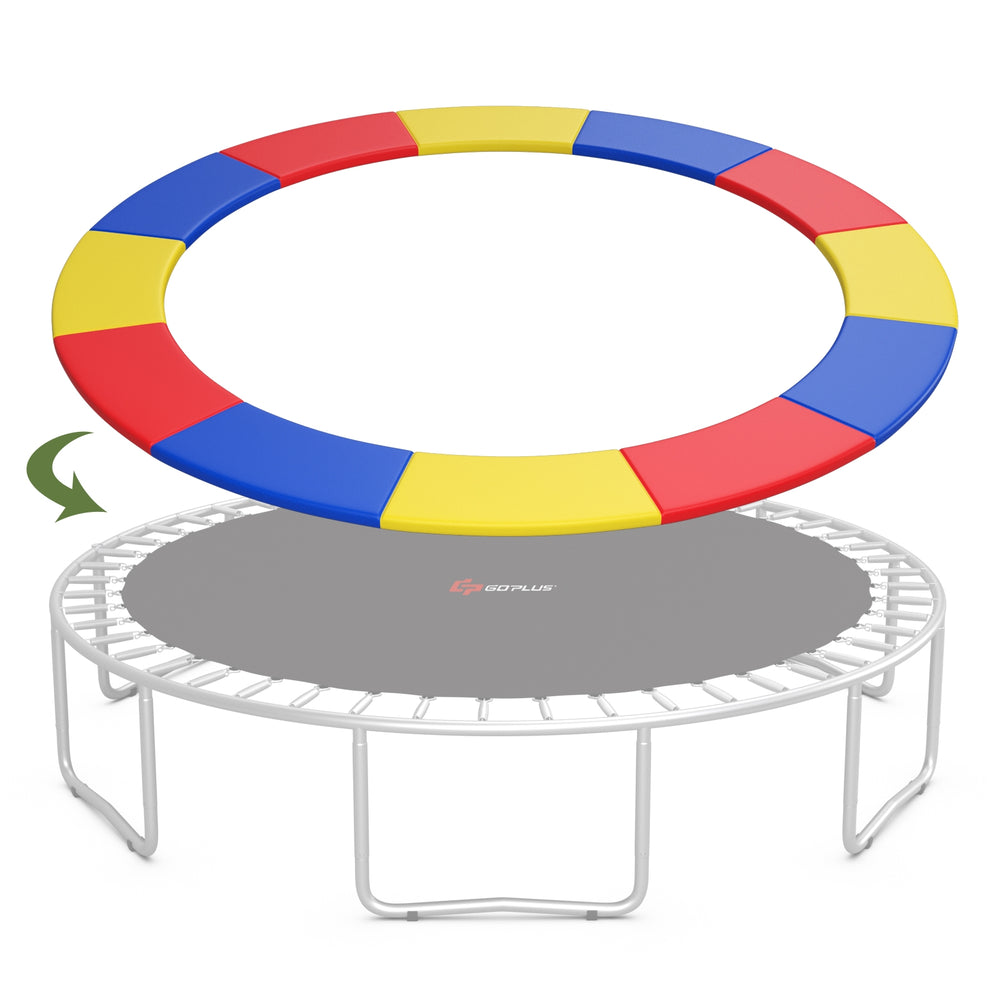 Multicolor trampoline safety pad with tear-resistant material and elastic straps for secure fit and edge-to-edge.