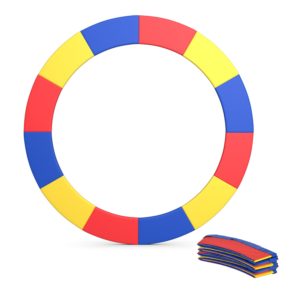 Multicolor 12-foot trampoline safety pad with tear-resistant material and elastic straps for secure, all-weather use.