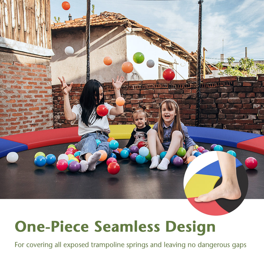Multicolor trampoline safety pad with seamless design, providing edge-to-edge protection for safe jumping.