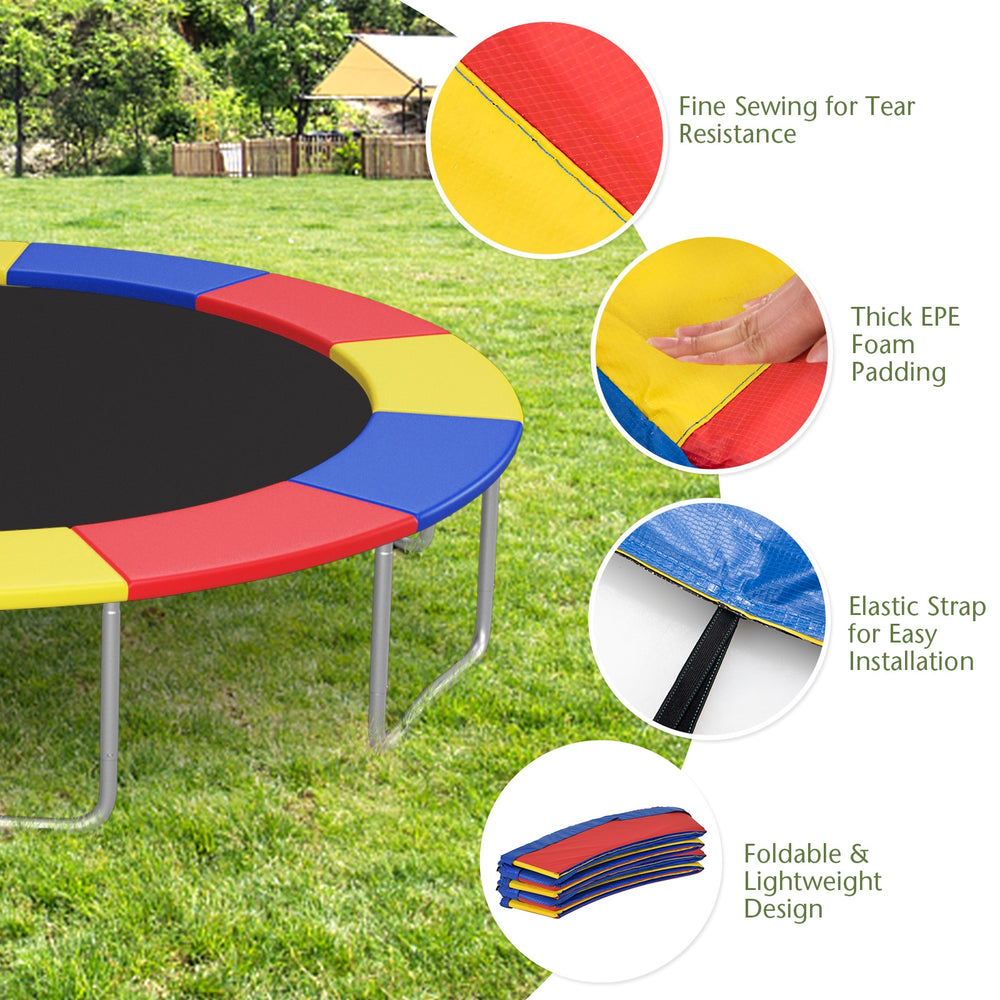 Multicolor trampoline safety pad with thick EPE foam, tear-resistant material, and elastic straps for secure.