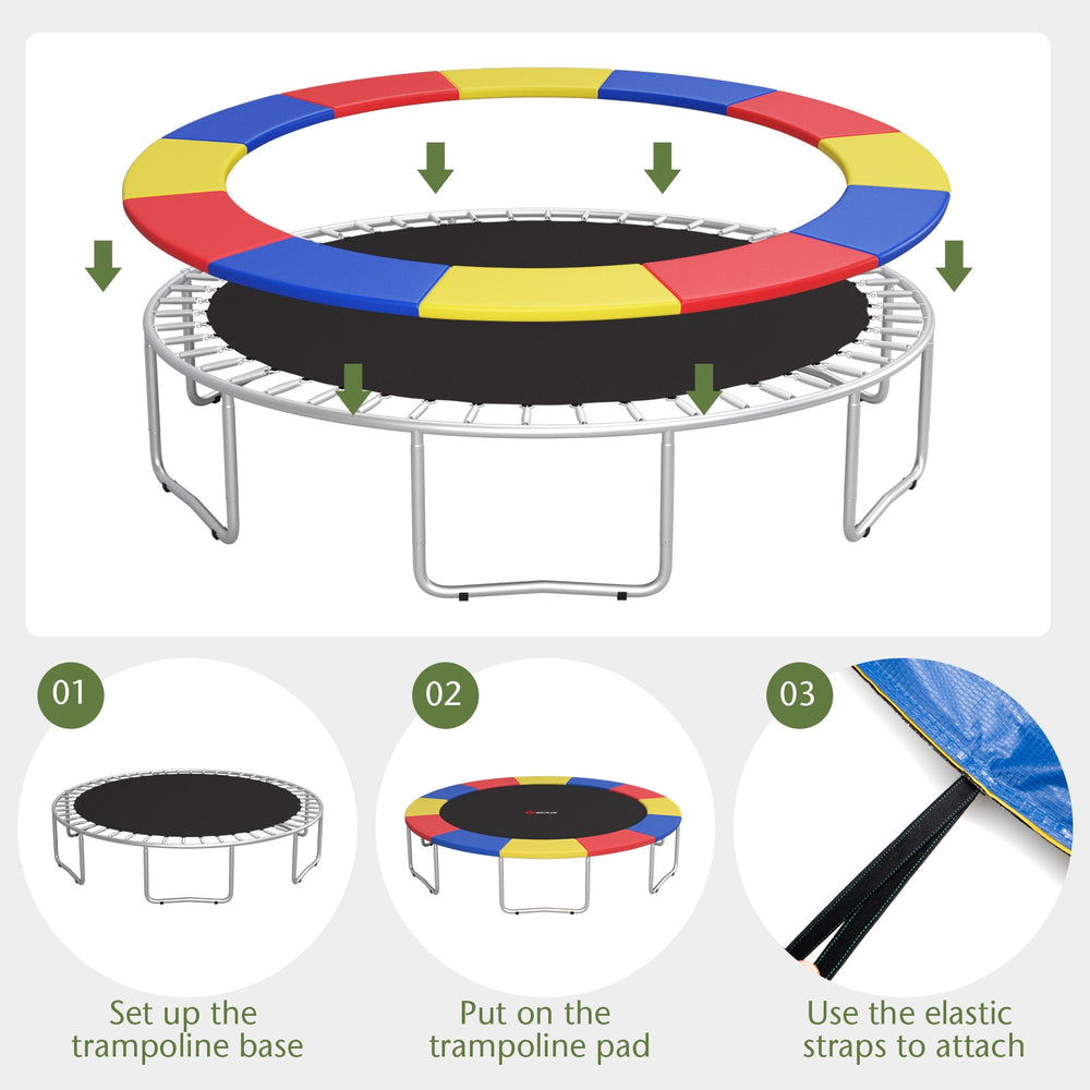 Multicolor 12 feet trampoline safety pad with elastic straps, waterproof and tear-resistant for secure jumping.