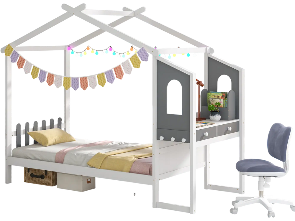 Twin bed frame with house roof canopy, solid wood design, and storage drawers, perfect for kids' rooms.