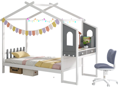 Costway Kids House Roof Canopy Fence Bed Frame Twin 59283617 New