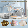 Twin bed frame with house roof canopy, solid wood design, includes storage drawers and decorative elements for kids'.