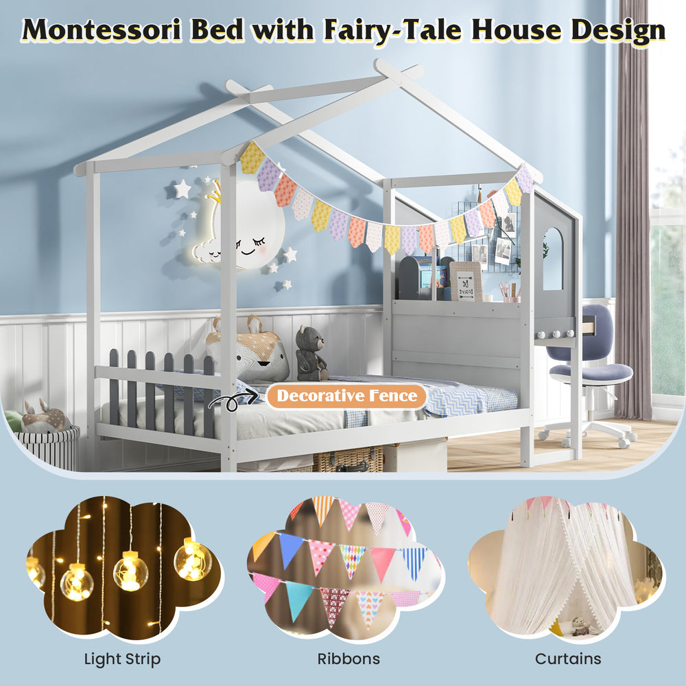 Twin bed frame with house roof canopy, solid wood design, includes storage drawers and decorative elements for kids'.