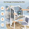 Montessori twin bed frame with house roof, includes a study desk, 2 drawers, and 3 hooks for kids' organization.