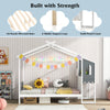 Twin bed frame with house roof canopy, solid wood, 10 plywood slats, and storage drawers for kids' rooms.