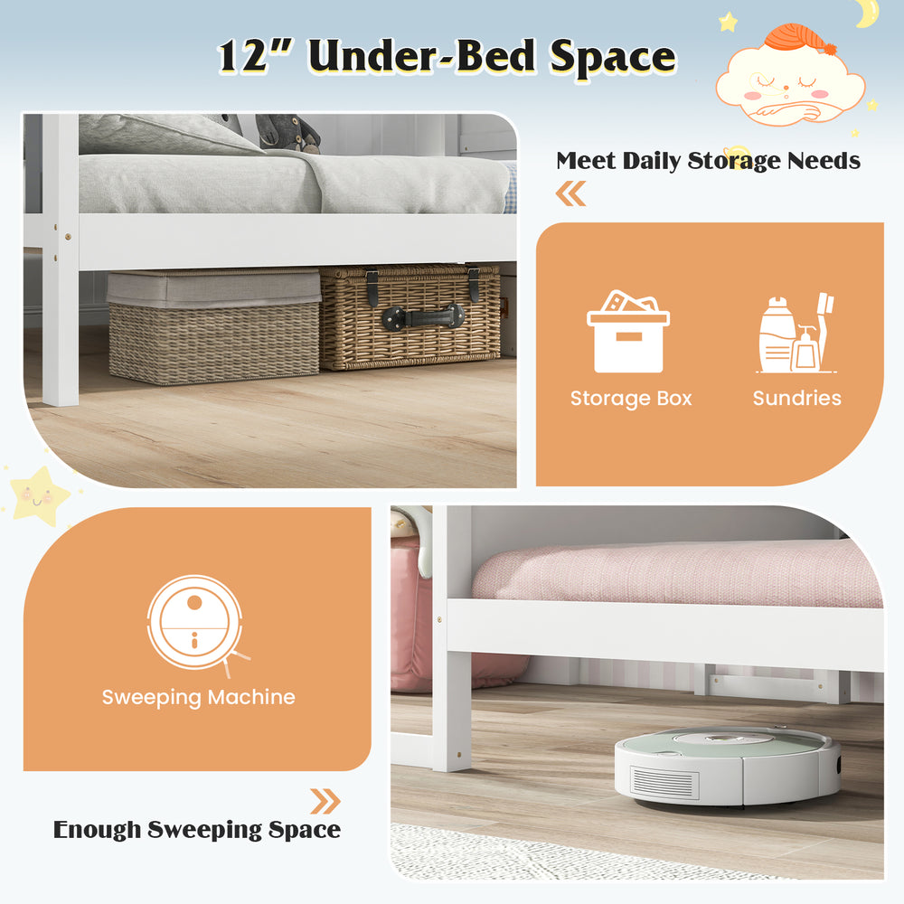 Twin/Full bed frame with house roof canopy, solid wood, and under-bed storage for kids' organization and cleaning.