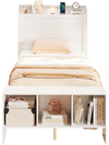 Twin size bed frame with storage headboard, USB ports, and adjustable LED lights for modern bedroom decor.
