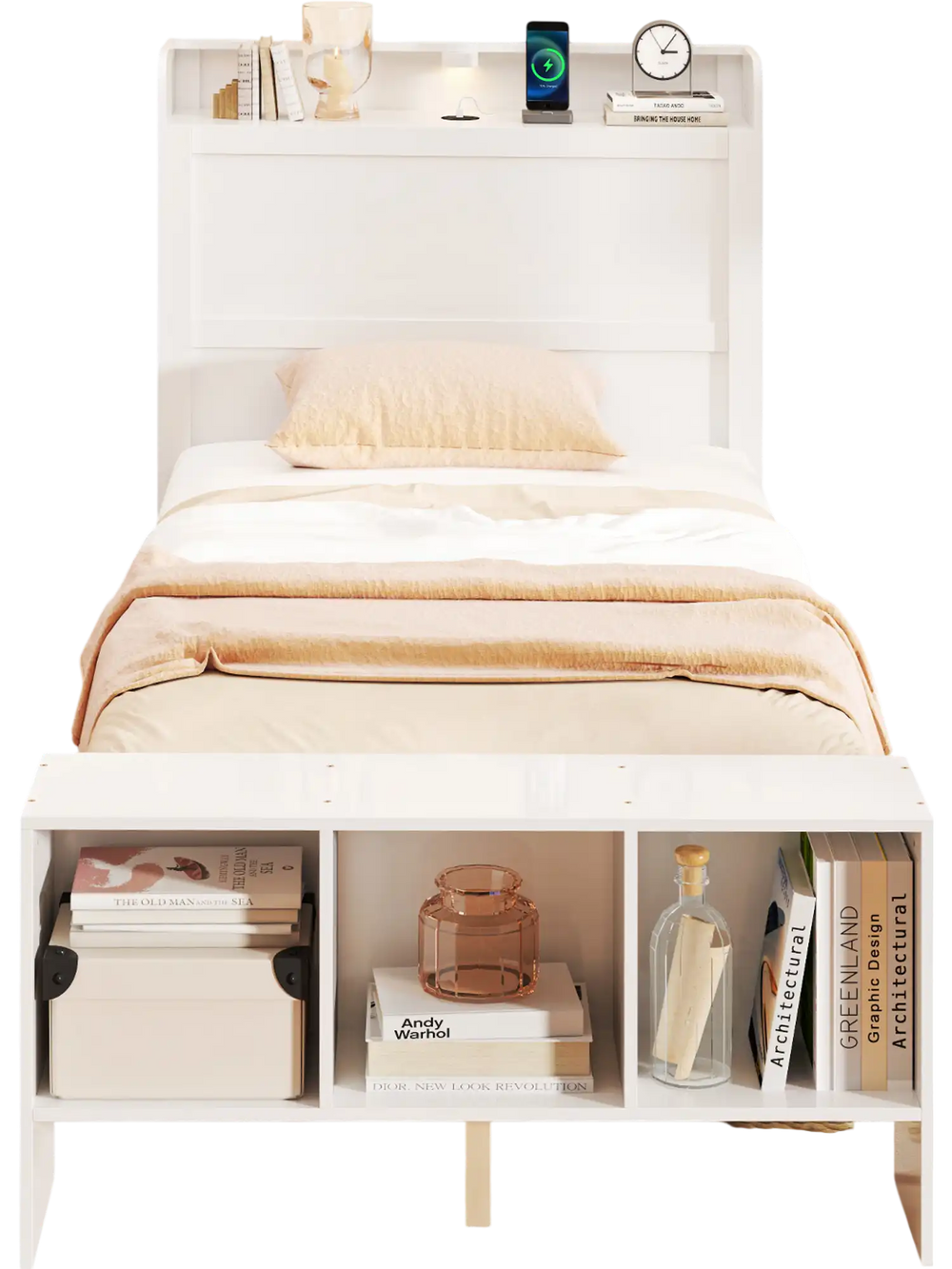Twin size bed frame with storage headboard, USB ports, and adjustable LED lights for modern bedroom decor.
